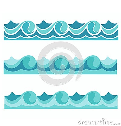 Blue waves sea ocean vector illustration pattern background colorful wallpaper water set Cartoon Illustration